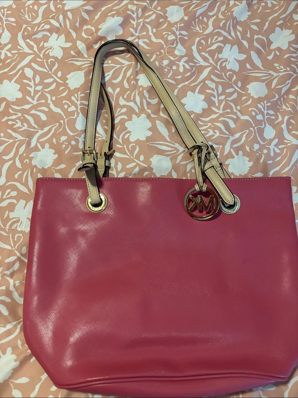 Michael Kors Pink Shoulder Tote with Beige Straps
